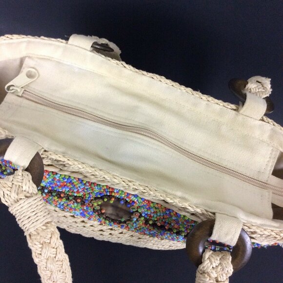 Cappelli Straworld Straw Tote Handbag With Beaded Design & Shell Accents - Picture 4 of 10